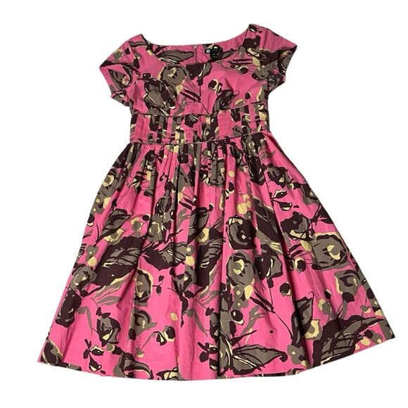 CAROLE LITTLE Pink Dress Brown Tan Floral Retro Pin Up Rockabilly Size 10 - Picture 3 of 9
